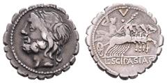 Fritz Taeger Collection Antike Römer Münzen Römische Republik L. Cornelius Scipio Asiaticus, Serratus (3,91g), 106 v. Chr., Rom. Av: Jupiterkopf nach links. Rev: Jupiter mit Doppelblitz und Zepter in 