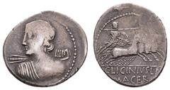 Fritz Taeger Collection Antike Römer Münzen Römische Republik C. Licinius L. f. Macer, Denar (4,08g), 84 v. Chr., Rom. Av: Apollobüste mit Blitzbündel in Rückenansicht nach links. Rev: Minerva mit Sch