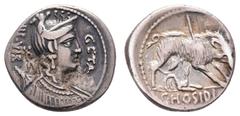 Fritz Taeger Collection Antike Römer Münzen Römische Republik C. Hosidius C. f. Geta, Denar (3,82g), 68 v. Chr., Rom. Av: Dianabüste nach rechts, dahinter "III VIR", davor "GETA". Rev: Von einem Hund 