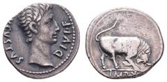 Fritz Taeger Collection Antike Römer Münzen Römische Kaiserzeit Augustus, 15-13 v. Chr., Denar (3,85g), Lugdunum. Av: Kopf nach rechts. Rev: Stier nach rechts. RIC 167a, Kratzer, ss.