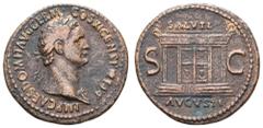 Fritz Taeger Collection Antike Römer Münzen Römische Kaiserzeit Domitianus, 81-96, As (9,86g), Rom. Av: Kopf nach rechts. Rev: Altar zwischen "SC", darüber "SALVTI", darunter "AVGVSTI". RIC 305, ss.