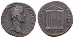 Fritz Taeger Collection Antike Römer Münzen Römische Kaiserzeit Antoninus Pius, 138-161, Sesterz (28,60g), Rom. Av: Büste nach rechts, darum Umschrift. Rev: Tempelfront, darum "TEMPLVM DIV AVG REST CO