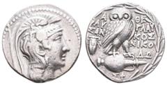 Antiquity Antike Griechen Attika Athen, Tetradrachme (16,51g), 159/158 v. Chr. Av: Athenakopf mit attischem Helm nach rechts. Rev: Eule auf Amphore nach rechts, links Zikade. Thompson 437, ss.