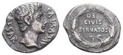Antiquity Antike Römer Münzen Römische Kaiserzeit Augustus, 19-18 v. Chr., Denar (3,48g), Colonia Patricia? Av: Kopf nach rechts, darum Umschrift. Rev: Eichenkranz, darin "OB CIVIS SERVATOS". RIC 77, 