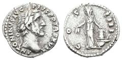 Antiquity Antike Römer Münzen Römische Kaiserzeit Antoninus Pius, 138-161, Denar (3,71g), Rom. Av: Kopf nach rechts, darum Umschrift. Rev: Stehende Annona nach links, darum "COS IIII". RIC 221, C. 290