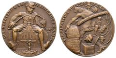 Medaillen Karl Goetz Bronzegussmedaille (Dm. 58,4mm, 54,75g), 1920, von Karl Goetz, auf die Besetzung des Maingaus. Av: Marschall Foch sitzt auf Frankfurter Römer. Rev: Soldat mit Geldsack, auf dem Rü