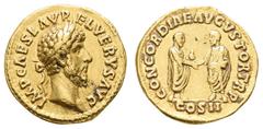 Ancient Coins Antike Römer Münzen Römische Kaiserzeit Lucius Verus, 161, Aureus (7,25 g), Rom. Av.: Belorbeerte Büste nach rechts, in Umschrift: IMP CAES L AVREL VERVS AVG. Rev.: Lucius Verus und Mark