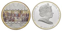 Münzen Europa und Übersee Cook Inseln 20 Dollars, 2008, Elizabeth II., Raffaello Sanzio "Die Schule von Athen", Silbermünze mit Farbapplikation und Swarovski-Kristallen, Masterpieces of Art Easter Edi