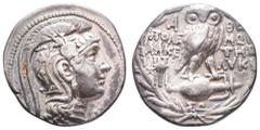 Münzen Antike Antike Griechen Attika Athen, Tetradrachme (16,52g), ca.125-124 v. Chr. Av: Athenakopf mit attischem Helm nach rechts. Rev: Eule auf Amphore nach rechts. Thompson 471a, ss.