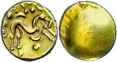 Ancient Coins Münzen Kelten Gallien, Ambiani, Stater (6,22g), Gold, 60-50 v. Chr. Av: Glatt. Rev: Pferd nach rechts, darunter Kugel. Slg. Flesche 219/220, ss. Mit Unterlegzettel des Sammlers. Coins Ce