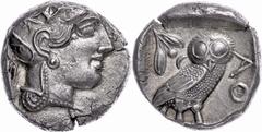 Ancient Coins Attika Athen, Tetradrachme (17,00g), ca. 450 v. Chr. Av: Athenakopf mit attischem Helm nach rechts. Rev: Eule nach rechts, dahinter Ölzweig und Mondsichel. Etwas dezentriert, ss-vz. Atti