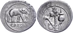 Ancient Coins Münzen Römische Republik C. Julius Caesar, Denar (3,87g), 49 v. Chr., Heeresmünzstätte in Gallien. Av: Elefant nach rechts, im Abschnitt darunter "CAESAR". Rev: Priestergeräte: Culullus,