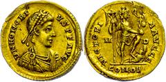 Ancient Coins Münzen Römische Kaiserzeit Honorius, 393-424, Solidus (4,44g), Mediolanum. Av: Büste nach rechts, darum Umschrift. Rev: Kaiser mit Viktoria und Labarum steht auf Gefangenem, darum Umschr
