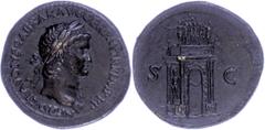 Ancient Coins Münzen Römische Kaiserzeit Nero, 54-68, Sesterz (26,41g), Rom. Av: Kopf nach rechts, darum Umschrift. Rev: Triumphbogen. RIC 147, C. 308, geglättet, vz. Eine der schönsten Architekturdar