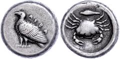 Ancient Coins Sizilien Akragas, Didrachme (8,41g), 5. Jh. v. Chr. Av: Adler nach links. Rev: Krabbe, darunter ein Gerstenkorn. SNG ANS 948, ss. Erworben 1982 bei einer Auktion der Kunst und Münzen AG,