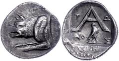 Ancient Coins Argolis Argos, Triobol (2,16g), nach 343 v. Chr. Av: Wolfsprotome nach links. Rev: Incuses Quadrat darin großes "A", darunter ein Adler nach rechts. BMC 114, ss. Mit Unterlegzettel des S