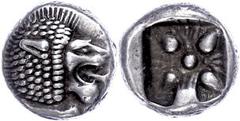 Ancient Coins Ionien Milet, Diobol (1,18g), 6. Jh. v. Chr. Av: Löwenprotome nach rechts. Rev: Incuses Blütenornament. SNG von Aulock 2082, vz. Mit Unterlegzettel des Sammlers. Ionia Miletus, Diobol (1