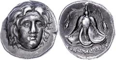 Ancient Coins Karien Rhodos, Didrachme (6,68g), um 275-250 v. Chr., Magistrat Antipatros. Av: Helioskopf im Dreiviertelprofil nach rechts. Rev: Rosenblüte mit Trieb und Knospe, links Kornähre, ss. Mit