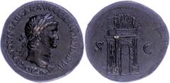 Ancient Coins Münzen Römische Kaiserzeit Nero, 54-68, Sesterz (26,41g), Rom. Av: Kopf nach rechts, darum Umschrift. Rev: Triumphbogen. RIC 147, C. 308, geglättet, vz. Eine der schönsten Architekturdar