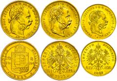 Collections and estates Sammlungen Goldmünzen ÖSTERREICH / UNGARN, Lot von drei Goldmünzen. 4 Florin 1892, 8 Florin 1892 und 8 Forint 1885. Bilder der Sammlung/Photos of this collection: https://aukti