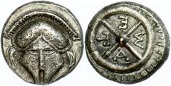Ancient Coins Thrakien Mesembria, Diobol (1,19g), 450-350 v. Chr.. Av: Korinthischer Helm von vorn. Rev: Vierspeichiges Rad. SNG Cop. 652, ss-vz. Aus einer rheinischen Privatsammlung. Erworben in den 