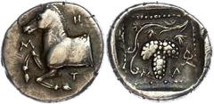 Ancient Coins Thrakien Maroneia, Triobol (2,74g), ca. 377-365 v. Chr. Av: Pferdeprotome nach links, in den Felder "M - H - T". Rev: Weintraube. SNG Cop. 617, ss. Aus einer rheinischen Privatsammlung. 
