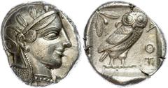 Ancient Coins Attika Athen, Tetradrachme (17,21g), ca. 5./4. Jh. v. Chr. Av: Athenekopf mit attischem Helm nach rechts. Rev: Eule nach rechts, dahinter Ölzweig und Mondsichel. Vgl., Flament Tf. 25 Nr.