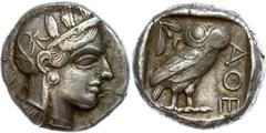 Ancient Coins Attika Athen, Tetradrachme (17,17g), ca. 407 v. Chr. Av: Athenakopf mit attischem Helm nach rechts. Rev: Eule nach rechts, dahinter Ölzweig und Mondsichel. Sovoronos Tf. 14, ss+. Los 152