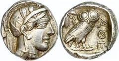 Ancient Coins Attika Athen, Tetradrachme (17,19g), ca. 440-400 v. Chr. Av: Athenekopf mit attischem Helm nach rechts. Rev: Eule nach rechts, dahinter Ölzweig und Mondsichel. Svoronos Tf. 14, ss. Aus e