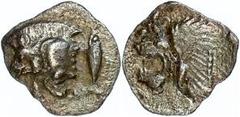 Ancient Coins Mysia Kyzikos, Hemiobol (0,31g), ca. 5. Jhd. v. Chr. Av: Wildschweinprotome nach links, dahinter Thunfisch. Rev: Löwenprotome nach links. SNG France 375, ss-vz. Aus einer rheinischen Pri
