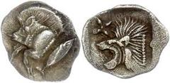 Ancient Coins Mysia Kyzikos, Hemiobol (0,39g), ca. 5. Jhd. v. Chr. Av: Wildschweinprotome nach links, dahinter Thunfisch. Rev: Löwenprotome nach links. SNG France 375, vz. Aus einer rheinischen Privat