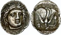 Ancient Coins Karien Rhodos, Didrachme (6,58g), 394-304 v. Chr. Av: Helioskopf halbrechts. Rev: Rosenblüte mit Trieb, links Weintraube und "E". SNG von Aulock 2790, Aus einer rheinischen Privatsammlun