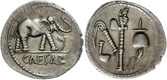 Ancient Coins Münzen Römische Republik C. Julius Caesar, Denar (3,79g), 49 v. Chr., Heeresmünzstätte in Gallien. Av: Elefant nach rechts, im Abschnitt darunter "CAESAR". Rev: Priestergeräte: Culullus,