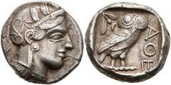 Ancient Coins Attika Athen, Tetradrachme (17,17g), ca. 407 v. Chr. Av: Athenakopf mit attischem Helm nach rechts. Rev: Eule nach rechts, dahinter Ölzweig und Mondsichel. Sovoronos Tf. 14, ss+. Los 152