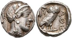 Ancient Coins Attika Athen, Tetradrachme (17,19g), ca. 440-400 v. Chr. Av: Athenekopf mit attischem Helm nach rechts. Rev: Eule nach rechts, dahinter Ölzweig und Mondsichel. Svoronos Tf. 14, ss. Aus e