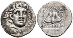 Ancient Coins Karien Rhodos, Hemidrachme (1,23g), um 125-88 v. Chr.. Av: Helioskopf mit Strahlenkrone von vorn. Rev: Rosenblüte mit Trieb. SNG von Aulock 2829ff., ss. Aus einer rheinischen Privatsamml