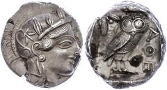 Ancient Coins Attika Athen, Tetradrachme (17,12g), ca. 415 v. Chr., Av: Athenekopf mit attischem Helm nach rechts, Rev: Eule nach rechts, dahinter Ölzweig und Mondsichel, davor "AOE". Svoronos Pl. 13,