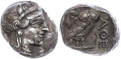 Ancient Coins Attika Athen, Tetradrachme (17,16g), ca. 403-365 v. Chr., Av: Athenekopf mit attischem Helm nach rechts, Rev: Eule nach rechts, dahinter Ölzweig und Mondsichel, davor "AOE". Svoronos Pl.