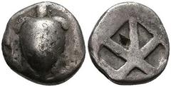 Ancient Coins Aigina Hemidrachme (2,77g), ca. 6./5. Jh. v. Chr. Av: Seeschildkröte. Rev: Quadratum inkusum. SNG Cop. 504, s-ss. Aegina Hemidrachme (2, 77 g), approximate 6. / 5. Jh. BC Av: sea turtle.