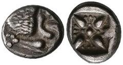 Ancient Coins Ionien Milet, Diobol (1,08g), 6. Jh. v. Chr. Av: Löwenprotome nach rechts. Rev: Incuses Blütenornament. SNG von Aulock 2082, ss. Ionia Miletus, Diobol (1, 08 g), 6. Jh. BC Av: lion proto
