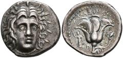 Ancient Coins Karien Rhodos, Didrachme (6,53g), ca. 304-189 v. Chr. Av: Helioskopf mit Strahlenkrone von vorn. Rev: Rosenblüte mit Trieb, daneben Athena mit Aphlaston. SNG von Aulock 2807, ss. Caria R
