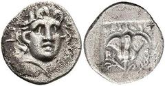 Ancient Coins Karien Rhodos, Hemidrachme (1,23g), um 125-88 v. Chr.. Av: Helioskopf mit Strahlenkrone von vorn. Rev: Rosenblüte mit Trieb. SNG von Aulock 2829ff., ss. Aus einer rheinischen Privatsamml