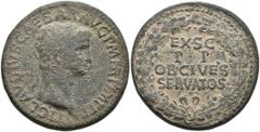 Ancient Coins Münzen Römische Kaiserzeit Claudius, 41-54, Sesterz (29,57g), Rom. Av: Kopf nach rechts, darum Umschrift. Rev: "EX SC/ P P/ OB CIVES/ SERVATOS". RIC 112, Belag, ss Coins Roman Imperial P