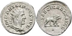Ancient Coins Münzen Römische Kaiserzeit Philippus I. Arabs, 244-249, Antoninian (3,26g), Rom. Av: Büste nach rechts, darum Umschrift. Rev: Löwe nach rechts, darum "SAECULARES AVGG". RIC 12, vz. Coins