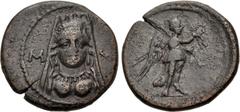 Greek LYCIA, Myra. 1st century BC. Æ (18mm, 3.30 g, 6h). Veiled and draped bust of Artemis-Eleuthera facing / Nike advancing right, holding wreath and cradling palm frond. SNG Copenhagen –; SNG von Au
