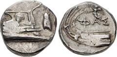 Greek LYCIA, Phaselis. 4th century BC. AR Stater (20mm, 10.33 g, 10h). Prow of galley right, fighting platform decorated with facing gorgoneion; to right, cicada upward / Stern of galley left; above, 