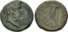 Roman Provincial THRACE, Bizya. Late 2nd Century AD. Æ (20mm, 6.49 g, 7h). Bearded head of Dionysus right, wreathed with grape vine / Zeus standing left, holding scepter and patera. Mionnet Supp. II 1