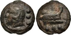 Roman Republican Anonymous. Circa 225-217 BC. Æ Aes Grave Quadrans (38.5mm, 60.19 g, 12h). Rome mint. Head of Hercules left, wearing lion skin headdress; ••• (mark of value) to right; all on a raised 