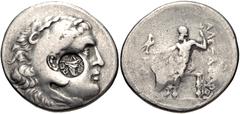 LYCIA, Phaselis. AR Tetradrachm (32mm, 15.94 g, 12h). In the name and types of Alexander III of Macedon. Dated CY 10 (209/8 BC). Head of Herakles right, wearing lion skin; c/m: bow and bow case, ΠΕΡ-Γ