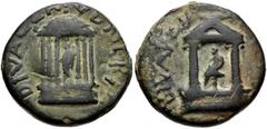JUDAEA, Caesaraea Panias. Diva Poppaea and Diva Claudia. Died AD 65 and AD 63, respectively. Æ 19mm (6.14 g, 12h). Struck AD 65-68. Statue of Diva Poppaea seated left within distyle temple / Statue of